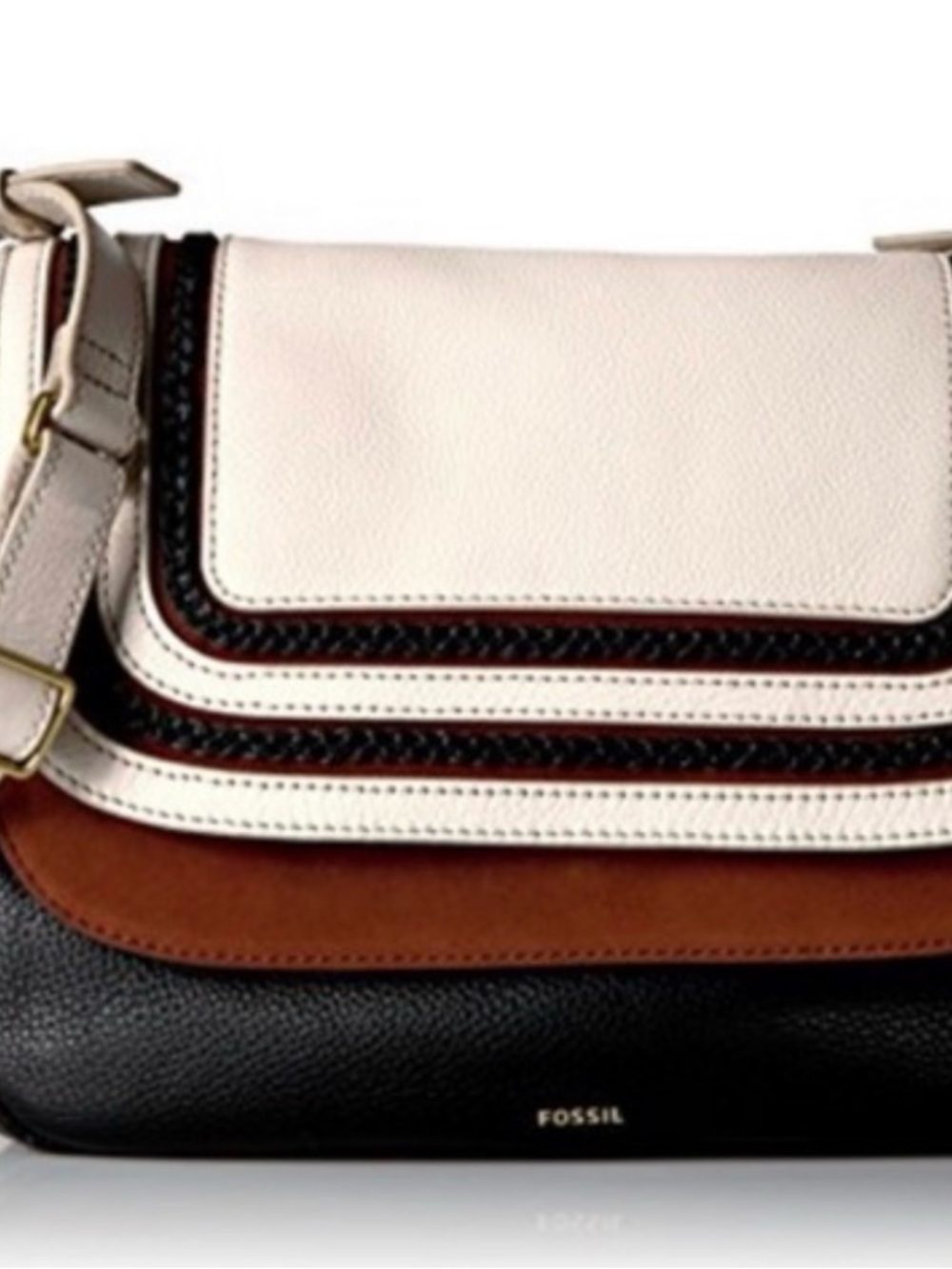 Fossil Women's Leather Crossbody - Ivory, Brown & Black Peyton large double flap
